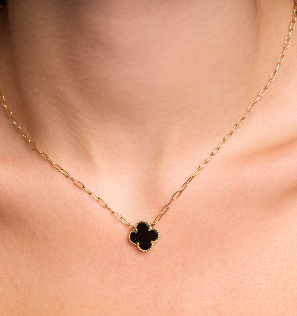 Reversible Clover Necklace - Pearl/Onyx
