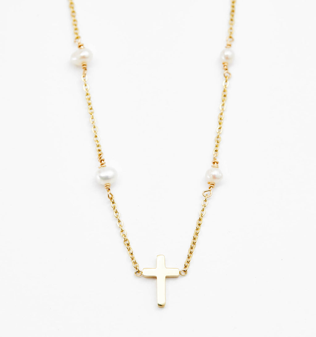 Cross Pearl Link Necklace